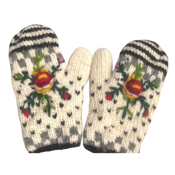 Vintage Hand Knit Wool Mittens Floral Embroidered Scandinavian Cottagecore Boho - Picture 1 of 3